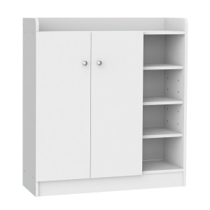 Weißer HOMCOM Schuhschrank mit 2 Türen, Regal und 4 Fächern aus Holz.