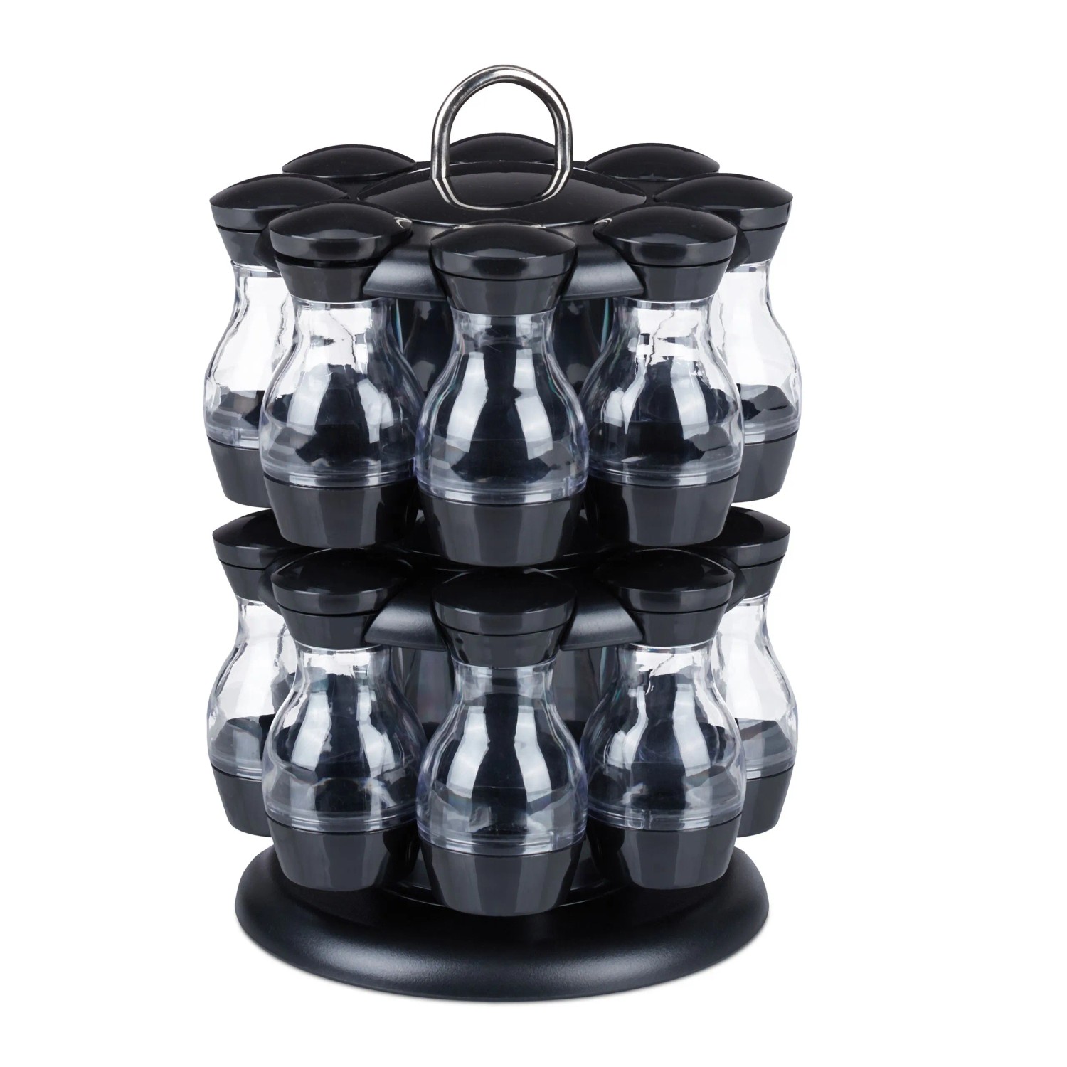 Relaxdays Gewürzkarussell Kunststoff Schwarz Silber mit 16 Gläsern Drehbar 29 cm x 19 cm 1,1 kg
