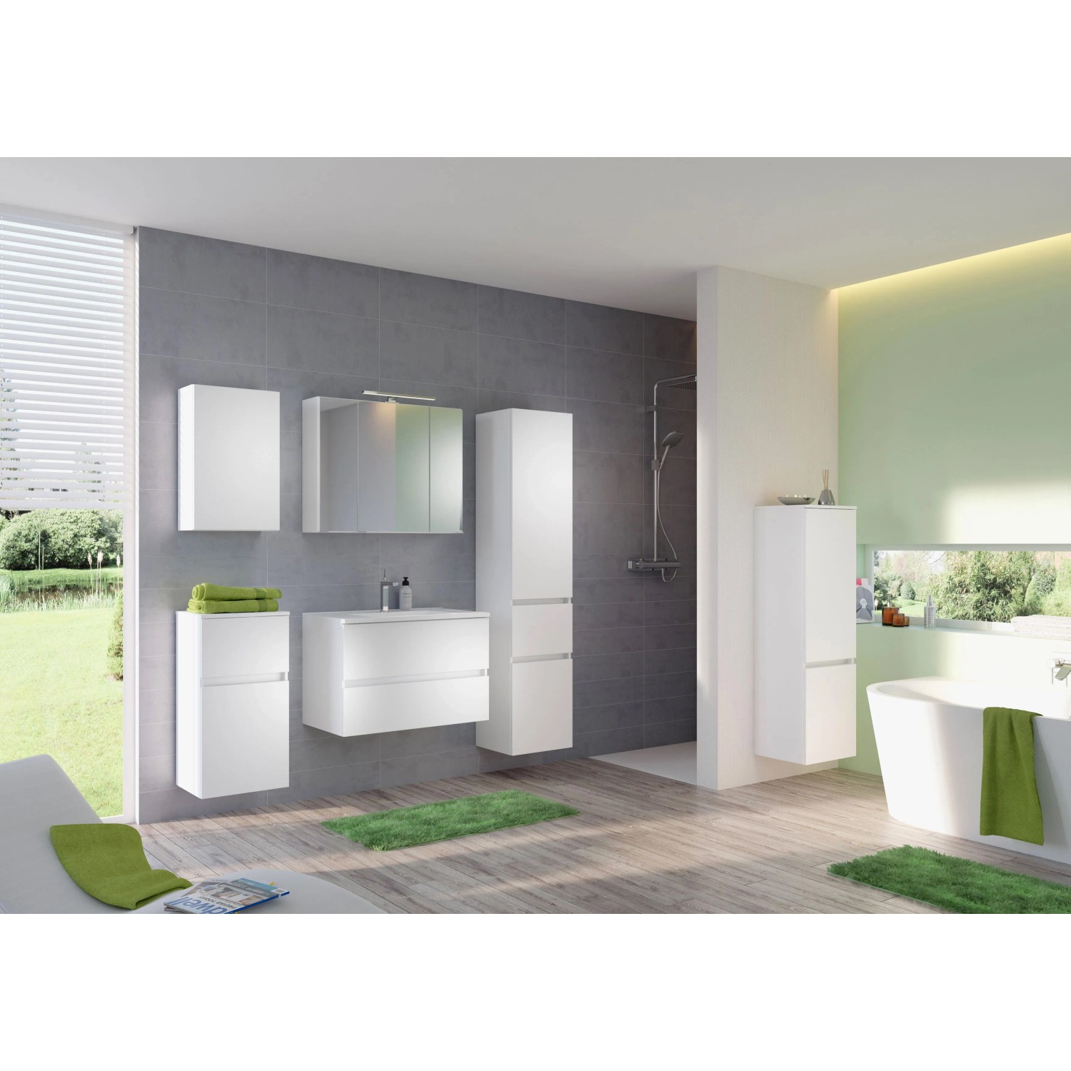 Badezimmer-Szene mit weißem Held Möbel Bad-Midischrank Verona (40 cm) und weiteren Badmöbeln.