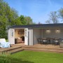 Modernes, hellgraues Lasita Gartenhaus Amarillo mit Terrasse und Gartenmöbeln.