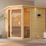 Karibu Sauna Sanna 3 aus Fichte mit Edelstahlofen und integrierter Steuerung.