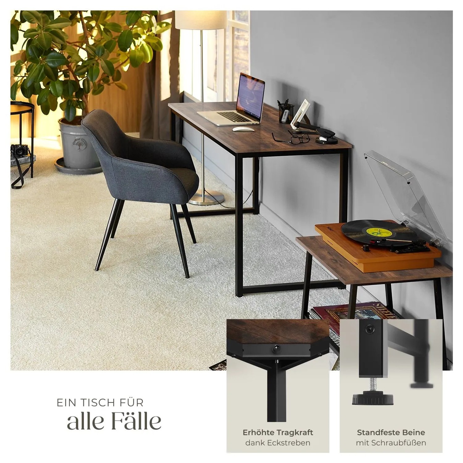 Tectake Schreibtisch Flint im Industrial Style mit Holzplatte und schwarzem Stahlgestell.