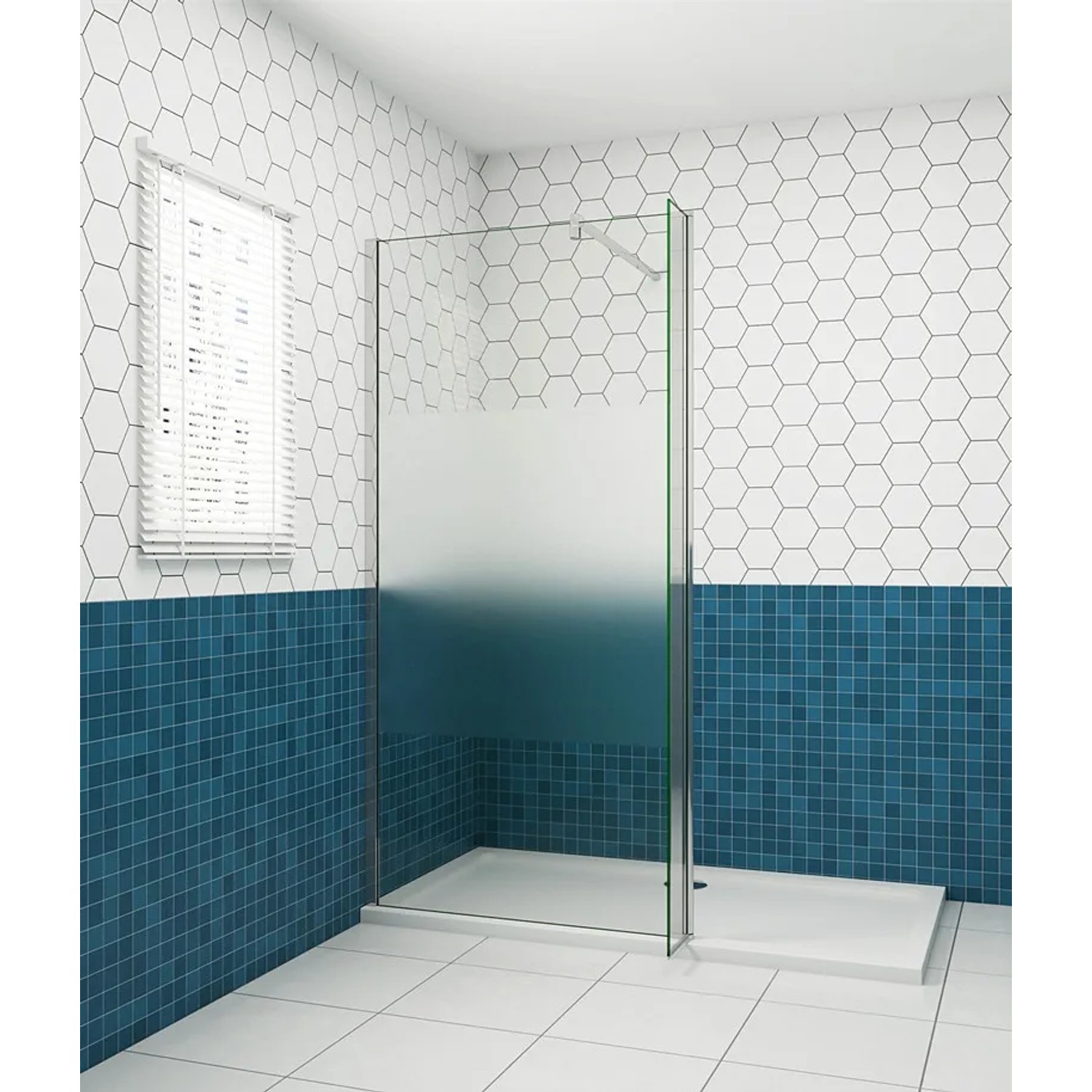 Walk-in Dusche mit satiniertem 8mm Glas, 110x200cm, 30cm Flipper, verchromter Rahmen. Moderne Duschwand.