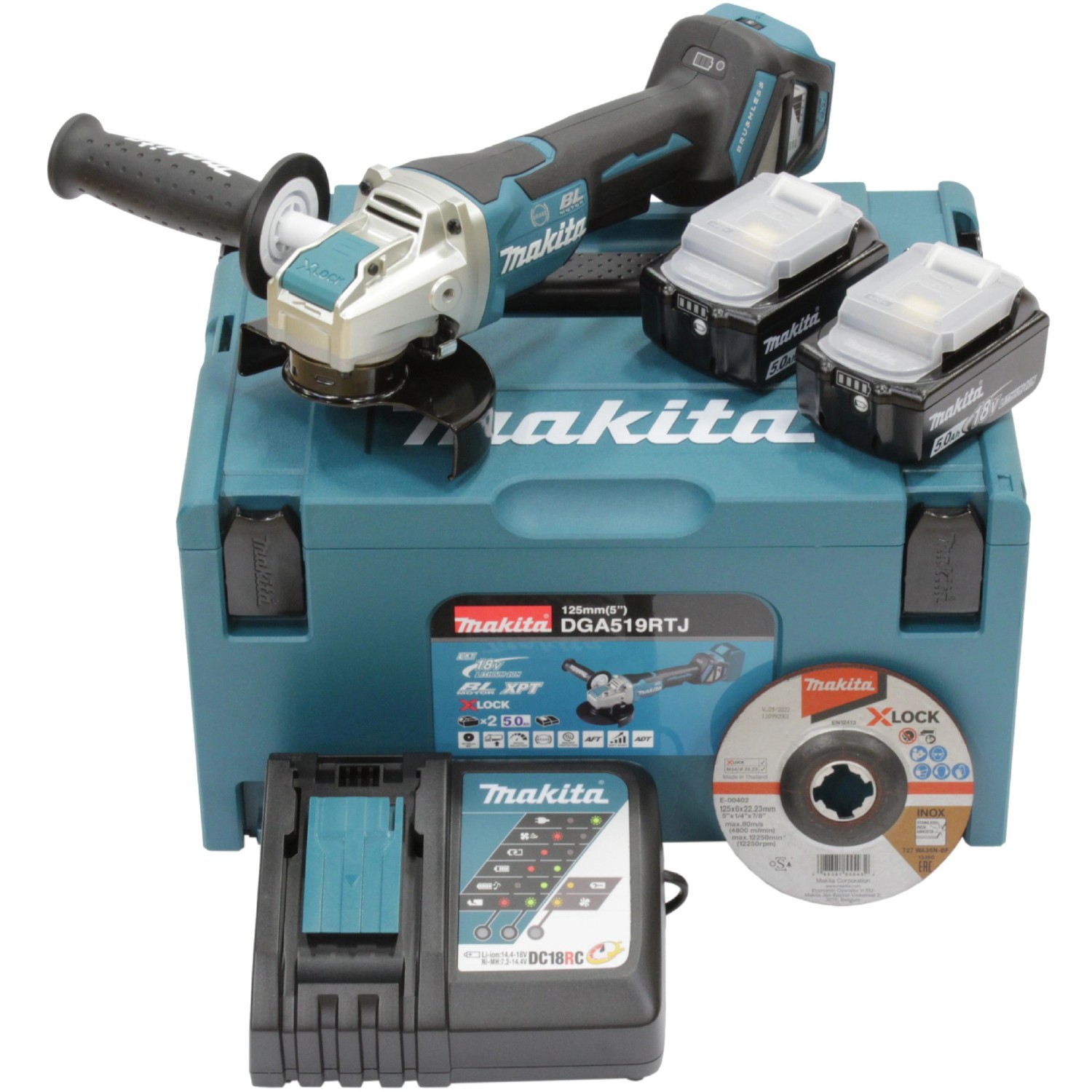 Makita Akku-Winkelschleifer DGA519RTJ mit 2 Akkus 18 V/5 Ah und Makpac Gr. günstig online kaufen