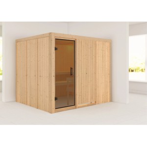 Karibu Sauna Gunda Natur aus nordischer Fichte mit Glastür und drei Liegen.