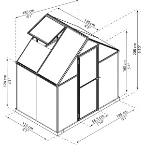 Skizze: CANOPIA by PALRAM Gewächshaus Mythos 2,3 m² mit Maßen und Fundamentrahmen.