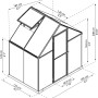 Skizze: CANOPIA by PALRAM Gewächshaus Mythos 2,3 m² mit Maßen und Fundamentrahmen.