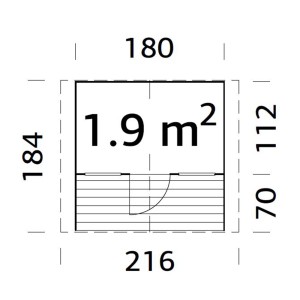 Grundriss Palmako Spielhaus Felix: 1,9 m² Fläche, Terrasse, Maße 169x216x184 cm.