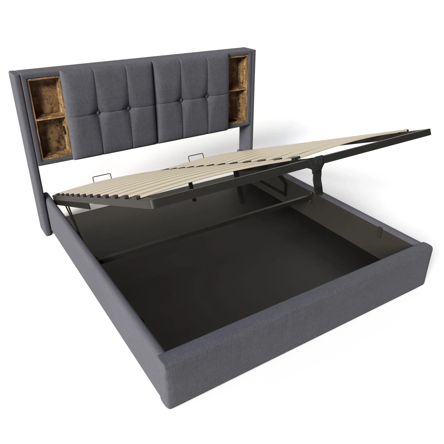 Merax Polsterbett 160x200cm USB-C Stauraum Grau Baumwolle