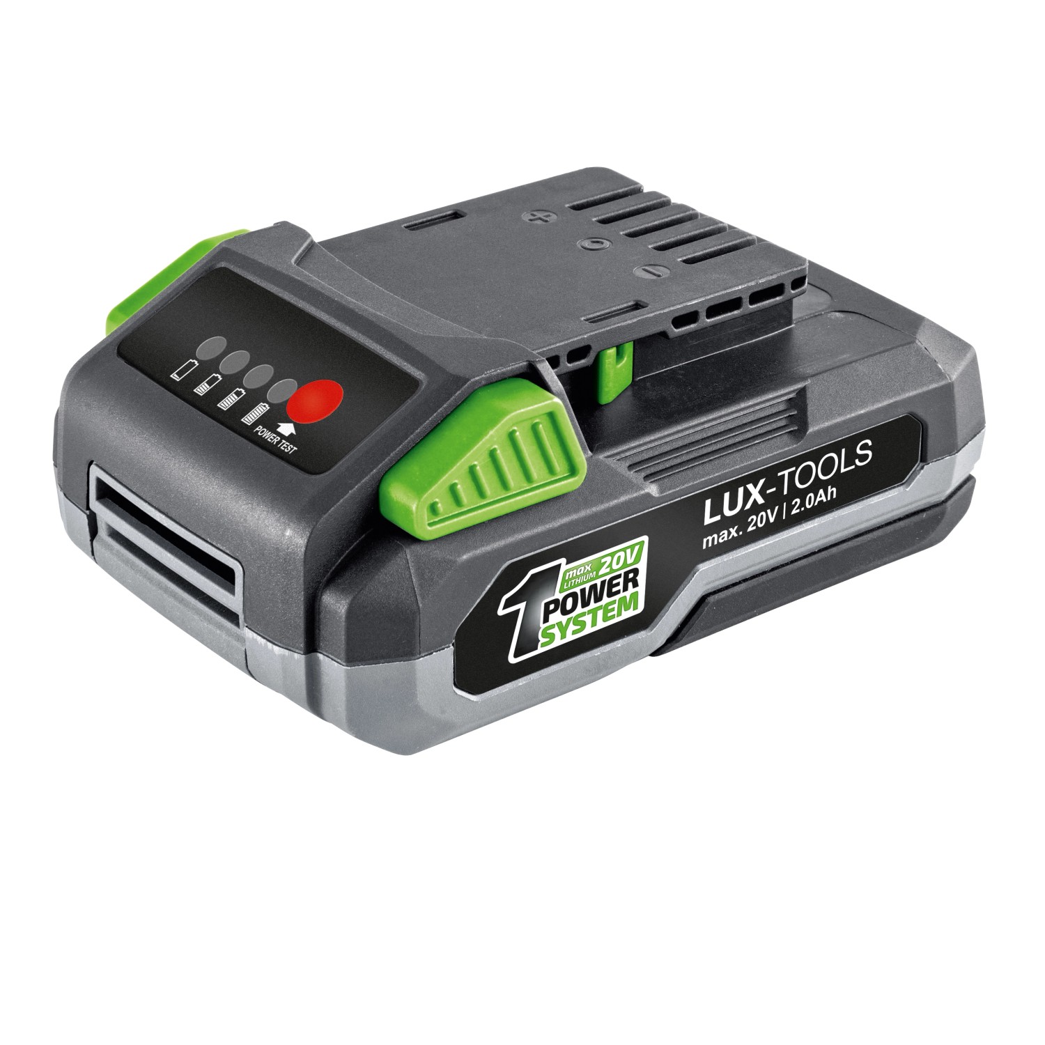 LUX 20V Akku für Akku-Bohrschrauber 1 PowerSystem, 2 Ah, Lithium-Ionen Akku, grau/grün.
