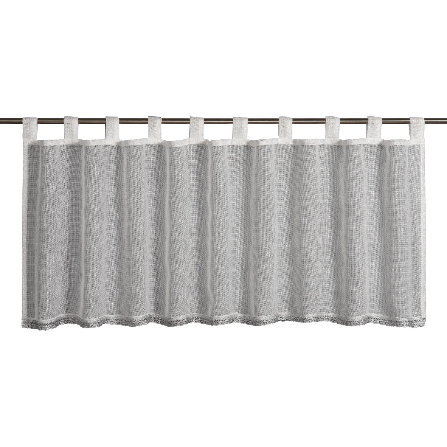 Weiße Sehlbach Bistrogardine mit Schlaufen und glänzender Borte, 135x45 cm. Scheibengardine für Küche oder Bad.