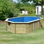 Karibu Pool 4 KDI Holzpool mit Leiter und blauer Innenfolie im Garten.