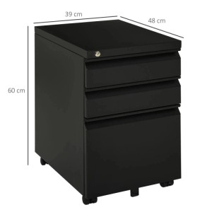 Schwarzer Vinsetto Rollcontainer aus Stahl mit 3 abschließbaren Schubladen und Rollen, 39x48x60 cm. Büroschrank.