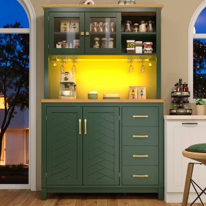 Merax Buffetschrank 105.5x40x180cm  LED-Lichtleiste  Getränkehalter  4 Türen Grün/Schwarz/Weiß