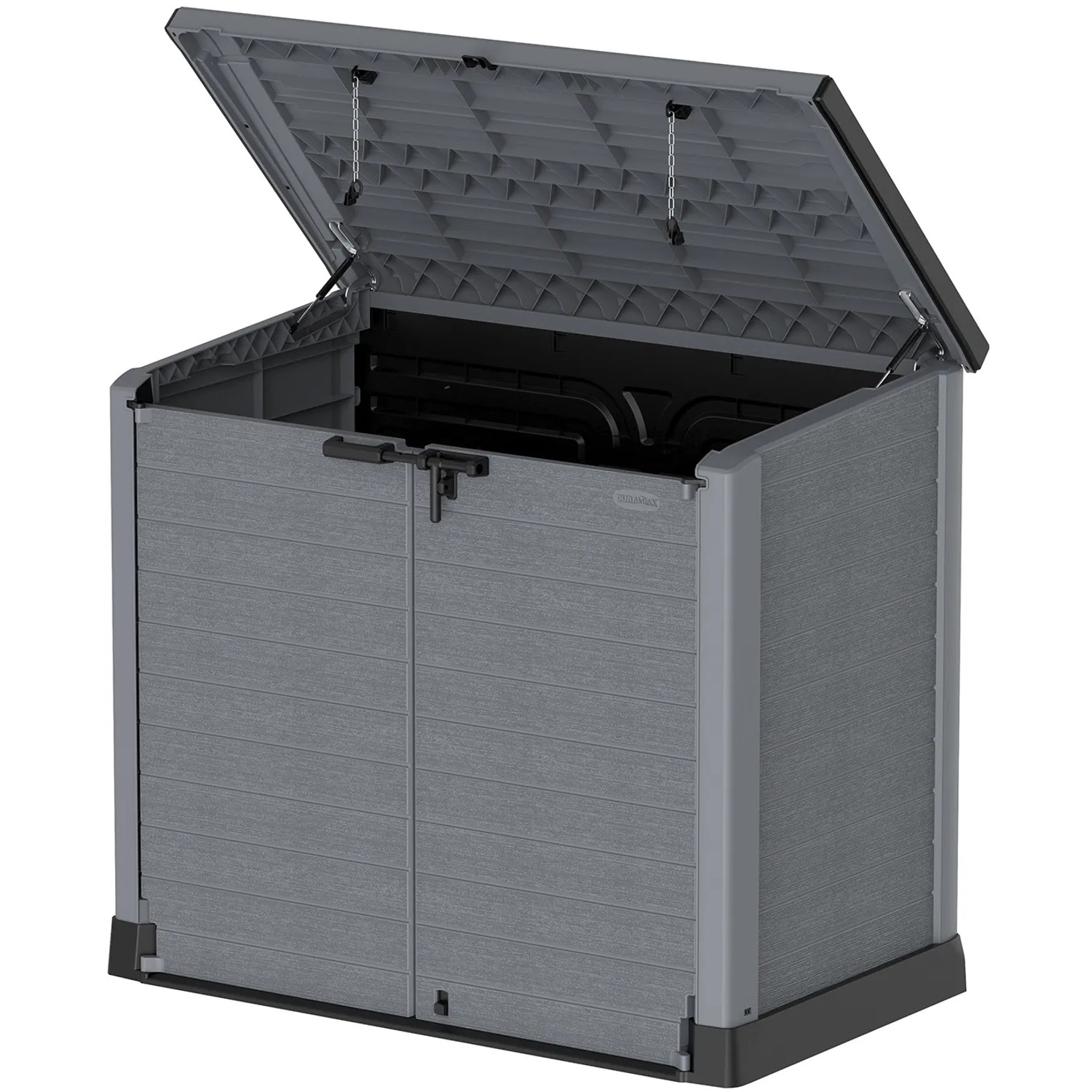 Geöffnete Duramax StoreAway Universalbox 1200 l in Anthrazit, ideal zur Aufbewahrung im Garten.