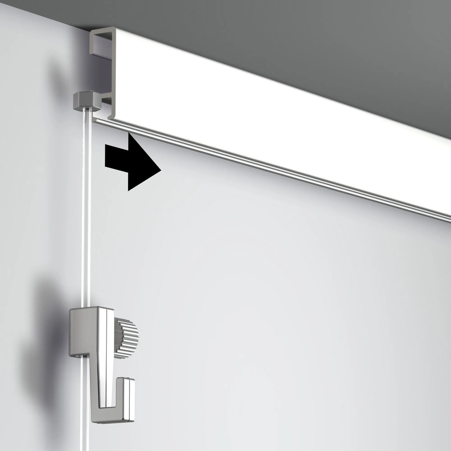 Artiteq Aufhängeschnur mit Haken an Bilderschiene. Perlonseil transparent, Haken silberfarben.
