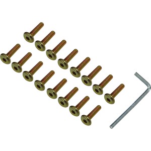 Montageset für Grenora Balkonset, 17-teilig, mit Schrauben in Messingfarbe und Inbusschlüssel.