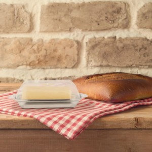 Relaxdays Butterdose Edelstahl Kunststoff Silber Transparent mit Deckel 5,5 cm x 18 cm x 11 cm 120 g