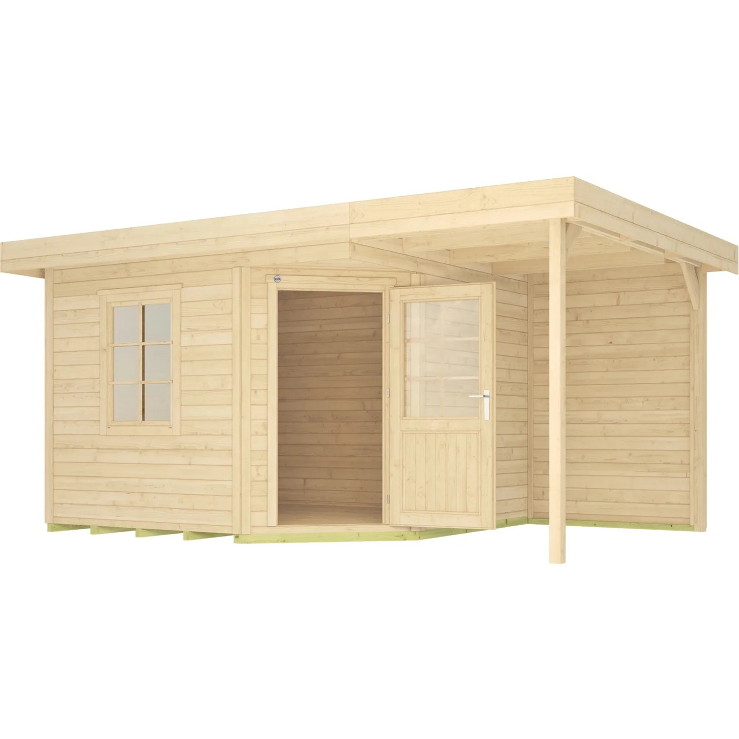 Weka Holz-Gartenhaus mit Flachdach und Anbau, unbehandelt, 397x279 cm.