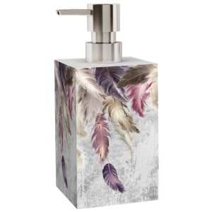 Sanilo Seifenspender Federn mit rostfreier Pumpe, Motiv Federn in Lila, Grau und Beige.