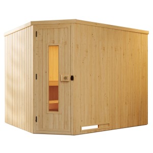 Weka Element-Ecksauna Varberg mit Holztür und Ofen, Fichte natur, Eckeinstieg.