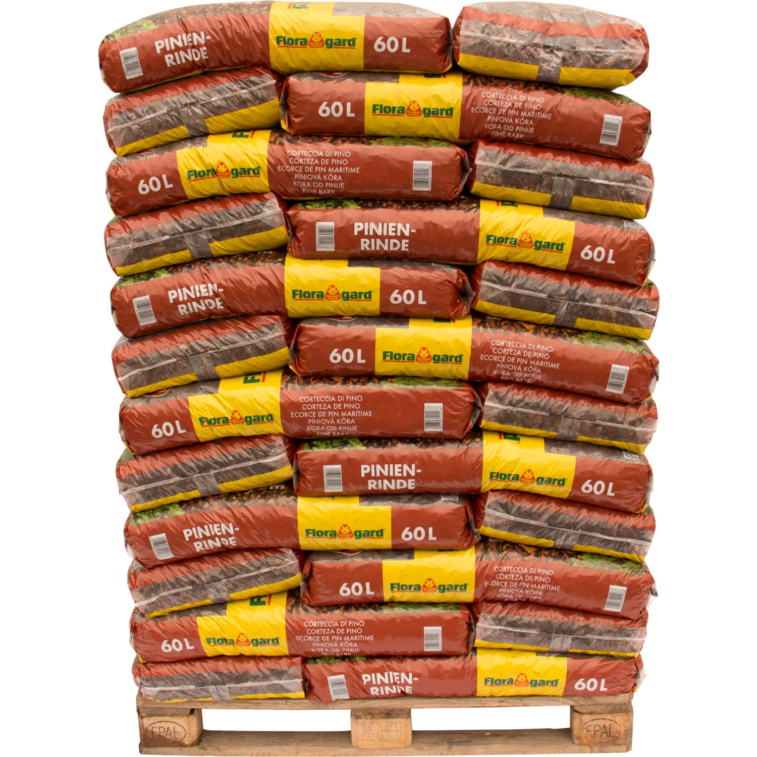 Palette Floragard Pinienrinde, grob (25-40 mm), 39 Säcke à 60 l, Bodenabdeckung für Garten & Terrarium.