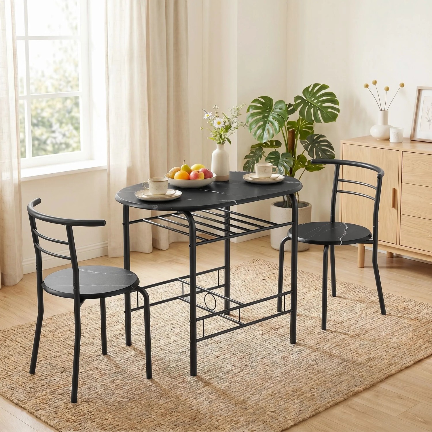 Schwarzes HOMCOM Esszimmer-Set aus MDF und Metall mit Marmor-Optik Tischplatte, Ablagefach und 2 Stühlen. Ideal für kleine Räume.