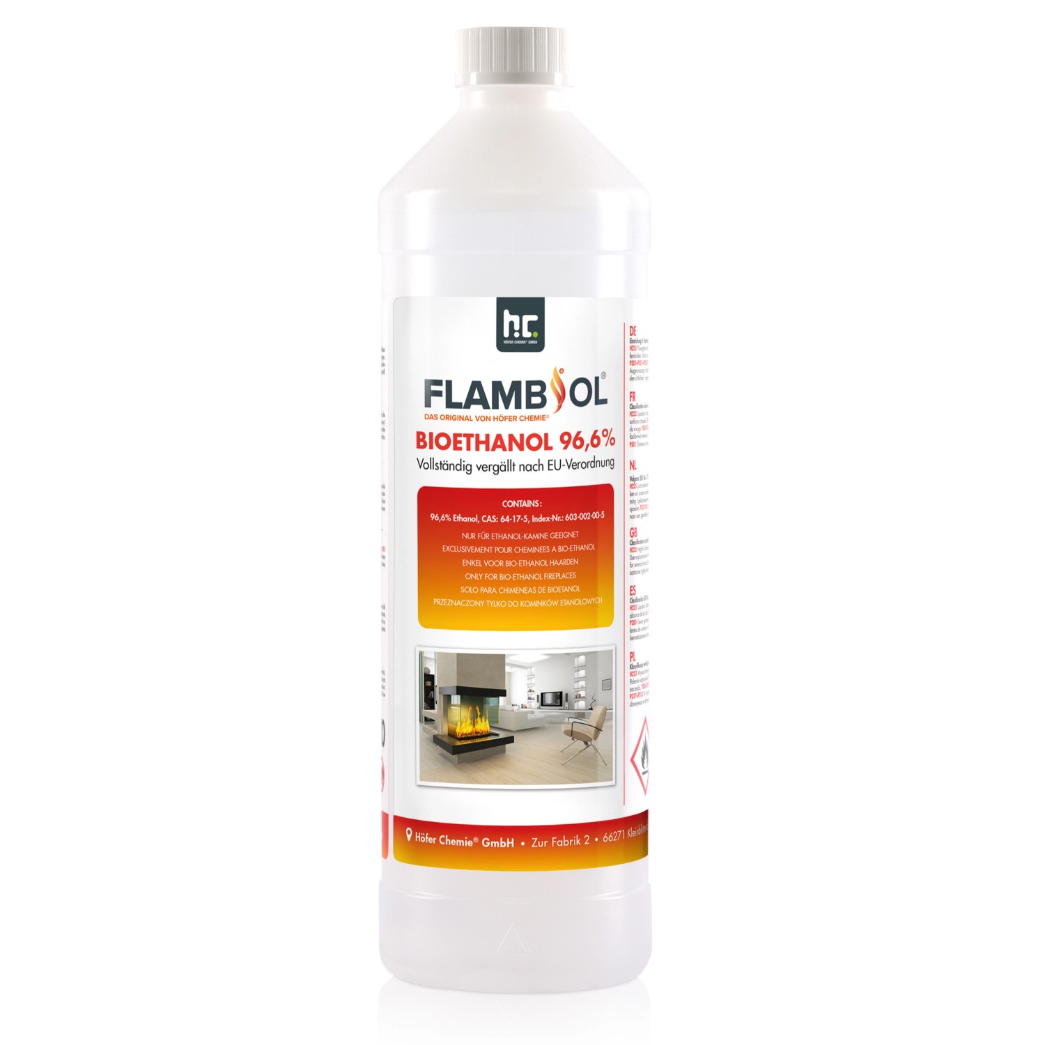 Flambiol Bioethanol 96,6% Premium für Ethanol-Tischkamin in Flaschen 1l