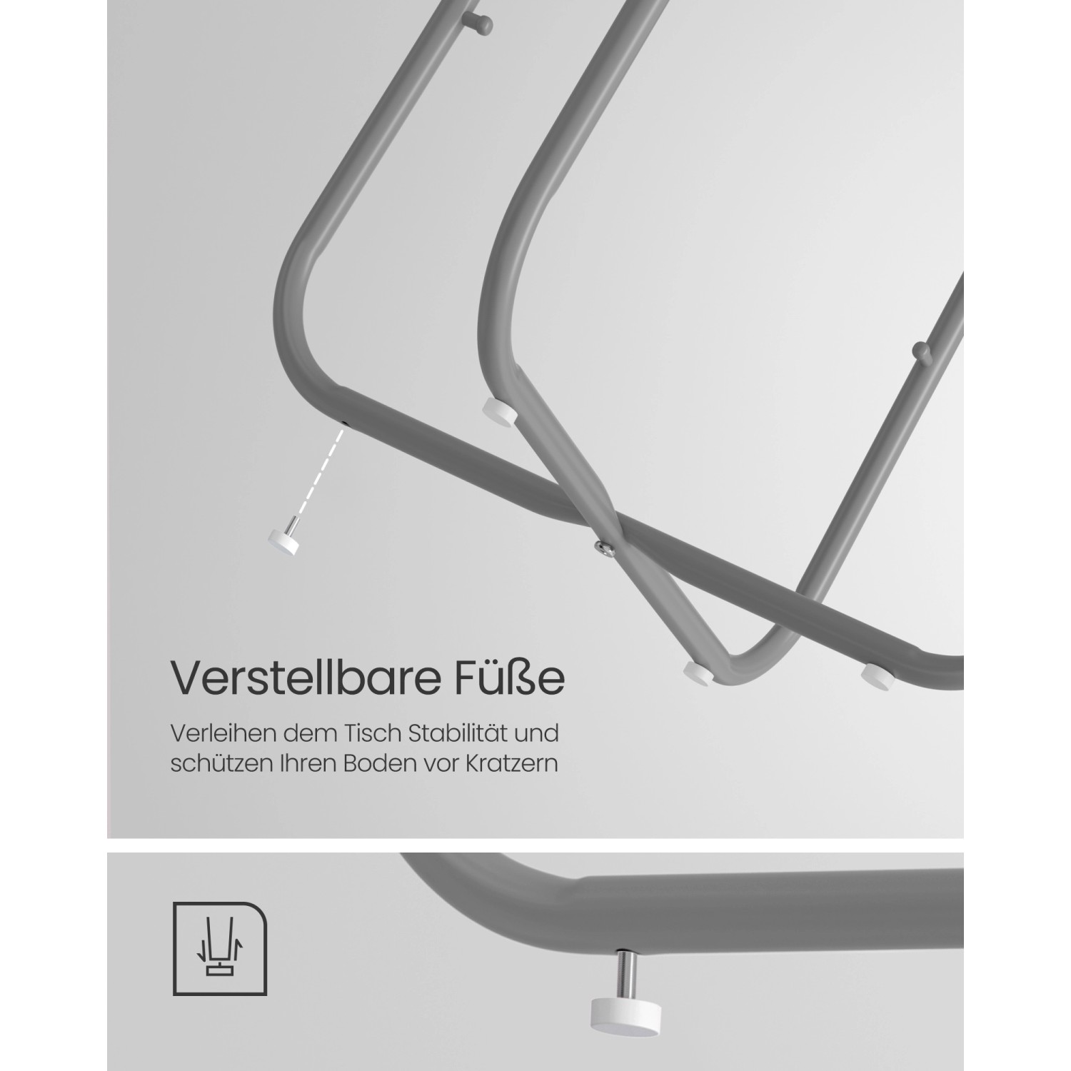 Detailaufnahme: Grauer Vasagle Beistelltisch mit verstellbaren Füßen für Stabilität.