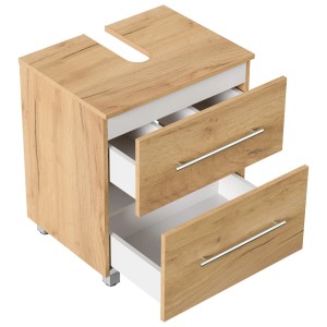Posseik Waschbeckenunterschrank Mondial Universal 55 cm Eiche Gold mit zwei offenen Schubladen.