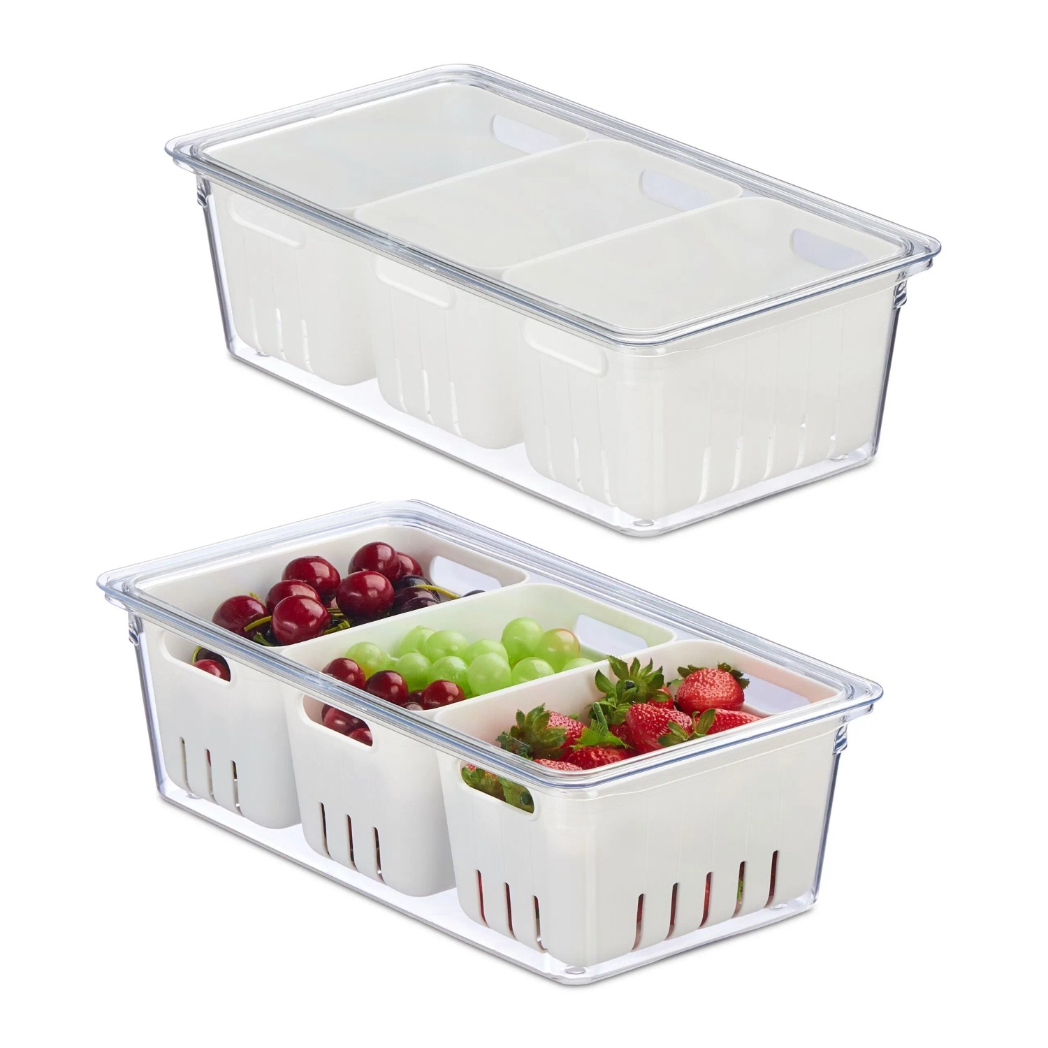 Relaxdays Kühlschrank Organizer 2er Set Kunststoff Transparent Weiß Stapelbar 32 x 17,5 x 10 cm