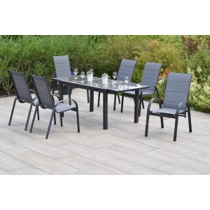 7-teiliges Gartenmöbel-Set Merxx Amalfi mit Ausziehtisch und 6 Stapelsesseln.