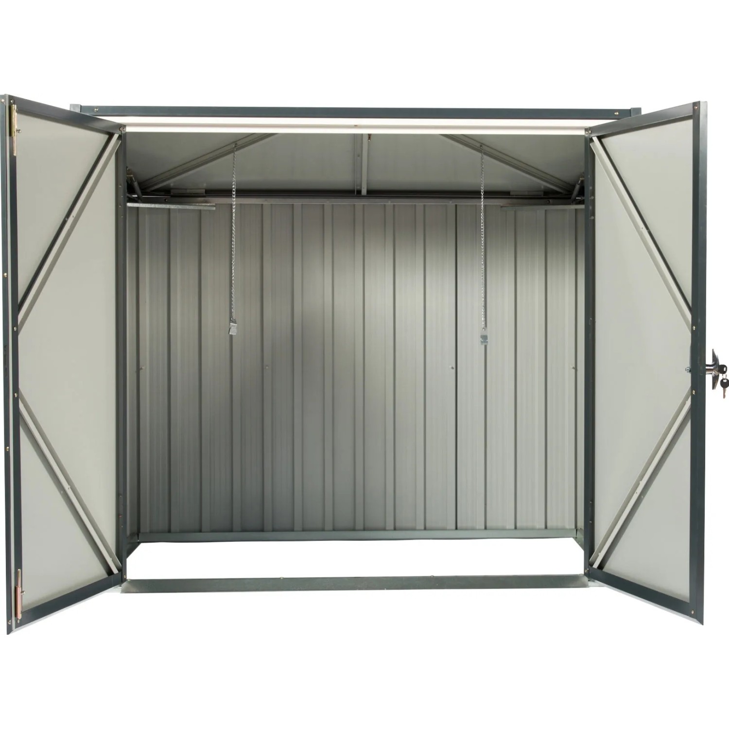 Offene Duramax Mülltonnenbox, 154,2x130,5x96cm, anthrazit/weiß, mit Doppeltür und Ketten für Mülltonnendeckel.