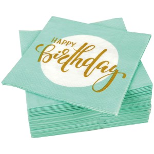 Stapel mintgrüner Bestlivings Servietten mit goldenem "Happy Birthday" Schriftzug.