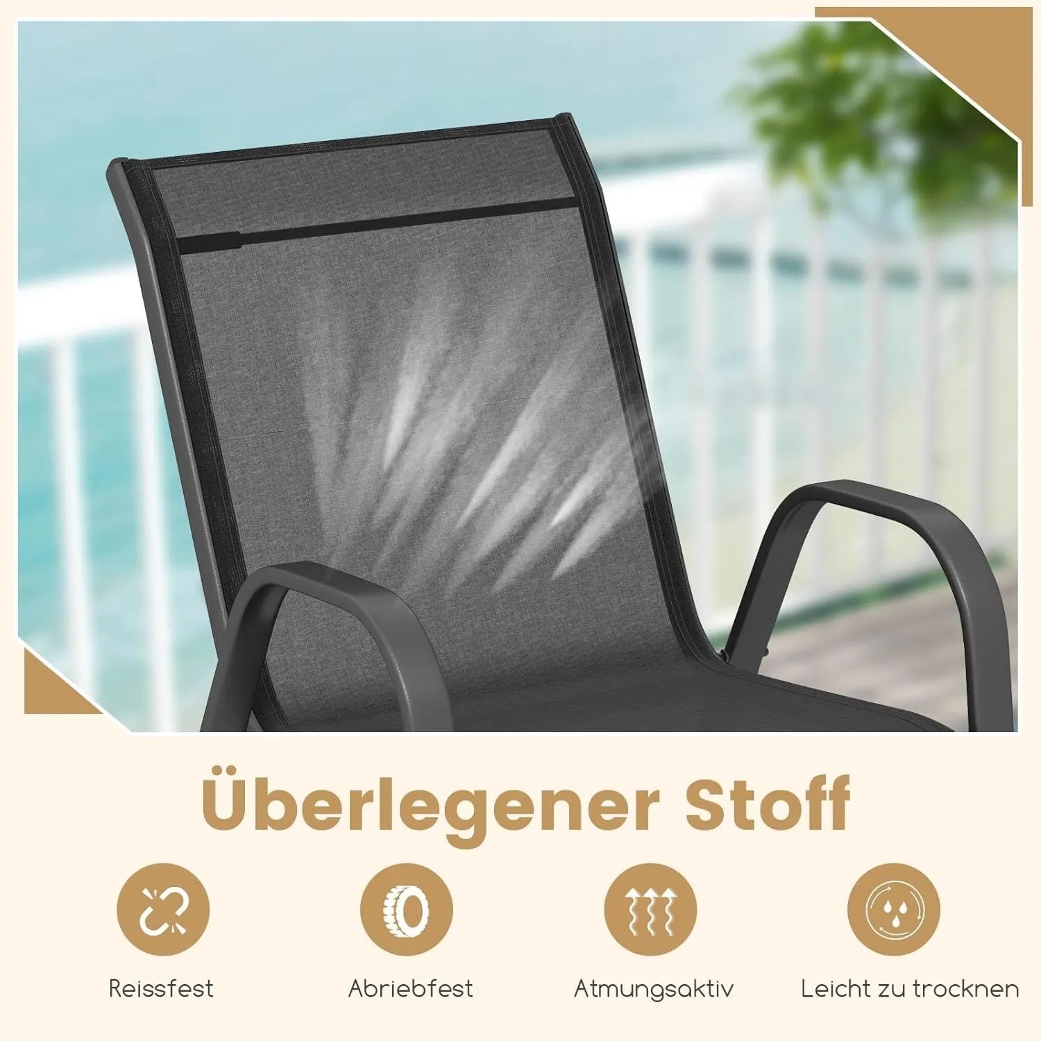 Detailansicht: Schwarzer Costway Gartenstuhl mit Textilene-Bespannung und Metallgestell.
