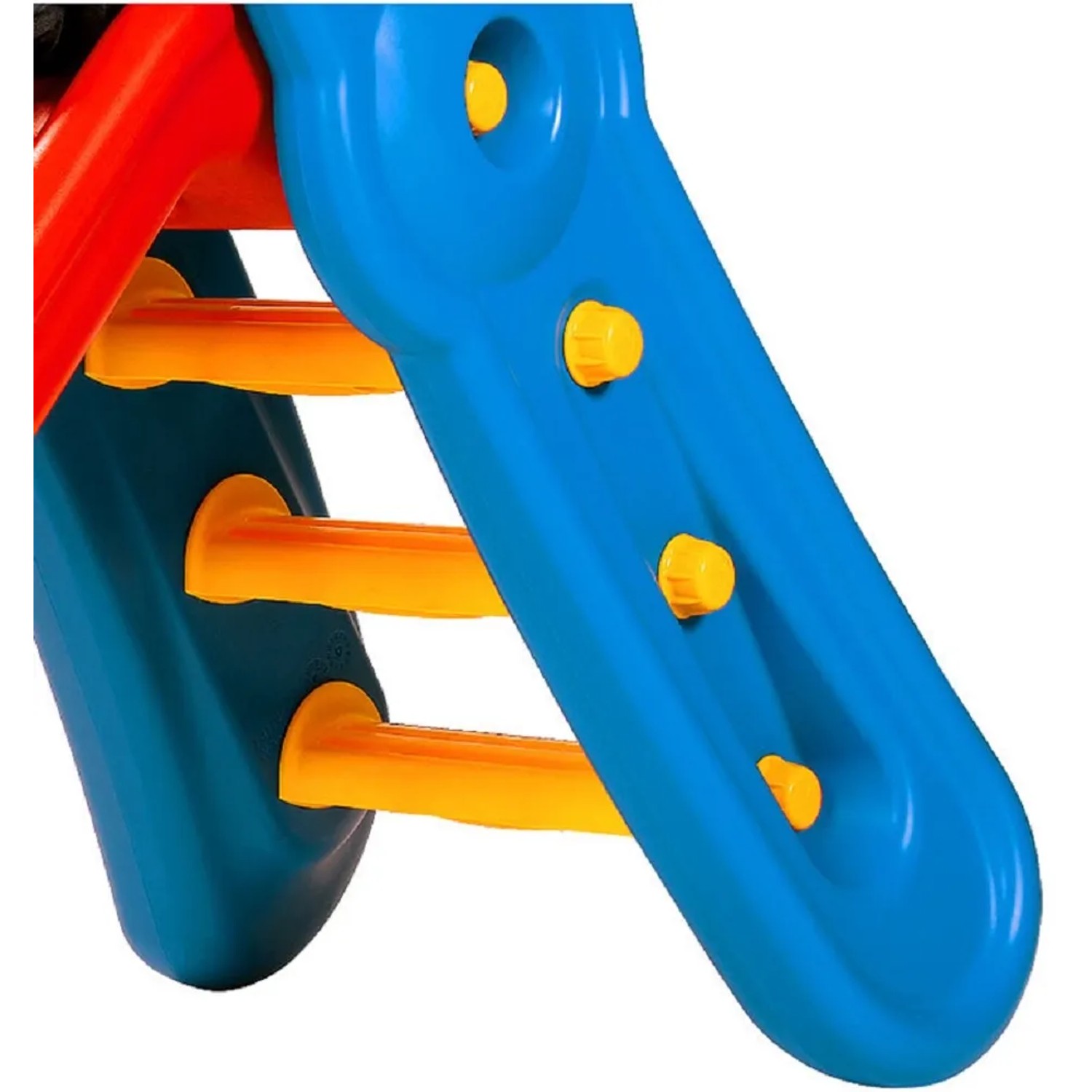 Detailansicht der BIG Fun Slide Rutsche mit blauen Seitenteilen und gelben Stufen.
