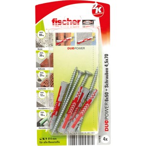 Fischer Duopower 6x50 Dübel mit Schrauben, 4er-Set. Universaldübel für sichere Befestigungen in verschiedenen Baustoffen.