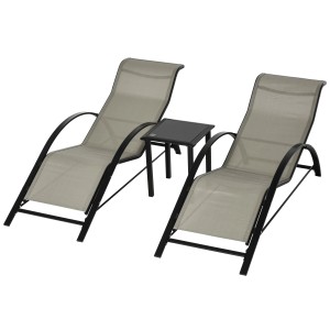 Outsunny Gartenliege Set mit Tisch und 2 Sonnenliegen in Grau und Schwarz.
