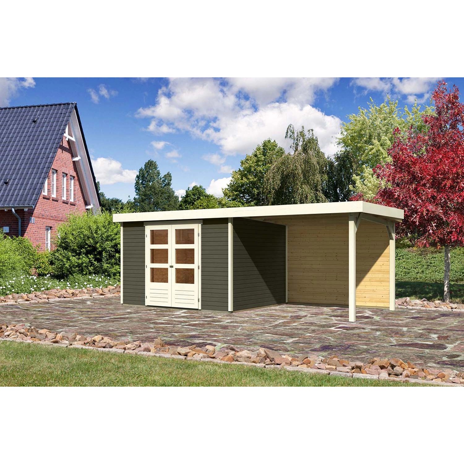 Karibu Holz-Gartenhaus Boras Terragrau Flachdach Lackiert 298 cm x 242 cm günstig online kaufen