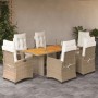 7-tlg. Garten-Essgruppe aus Polyrattan mit hellgrauen Kissen. Gartentisch mit 6 Stühlen.