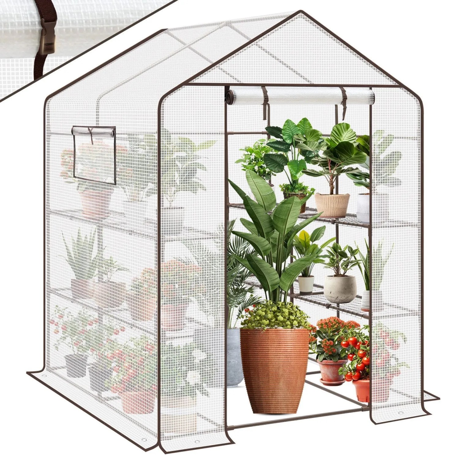Sekey Gewächshaus Begehbares Foliengewächshaus mit 8 Regalebenen Treibhaus für Garten 145 x 145 x 200 cm Tomatenhaus Winterfest mit Tür und Fenster