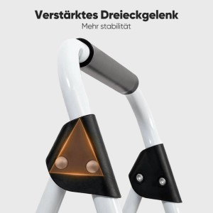Stabiles Dreieckgelenk des Klapptritts mit weißen Metallbeinen und schwarzer Kunststoffverbindung für sicheren Stand.