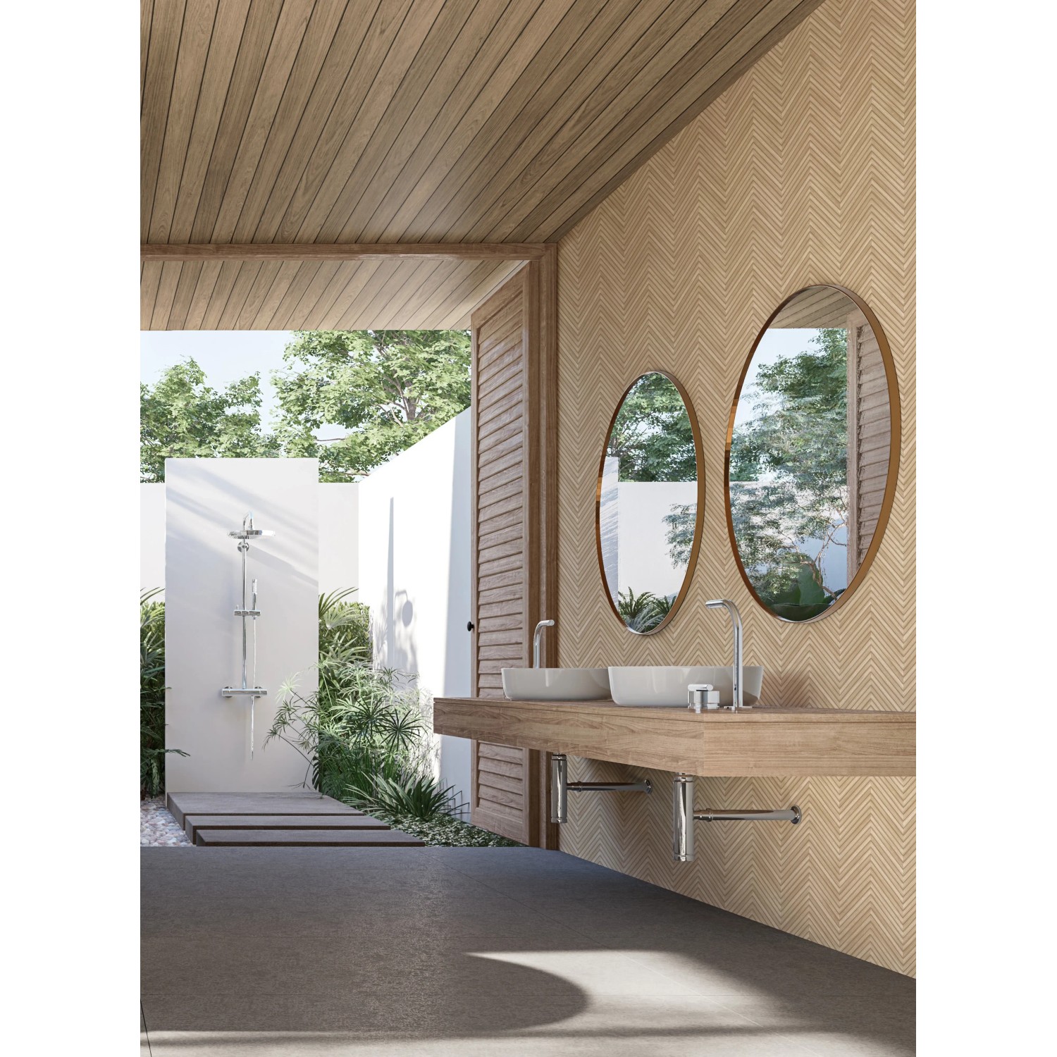 Beige Vliestapete mit modernem Fischgrätmuster in Holzoptik von Marburg, passend zu Badezimmer.