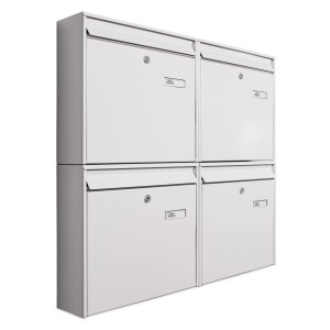 Weiße Burg-Wächter Briefkastenanlage für 4 Parteien, Stahl, mit Namensschild und Schlüsseln.