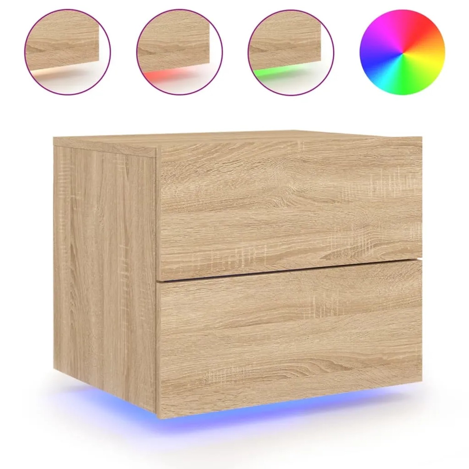 vidaXL Wand-Nachttische mit LED, 2 Stk., Sonoma-Eiche. Hängender Nachttisch mit zwei Schubladen und RGB-Beleuchtung.