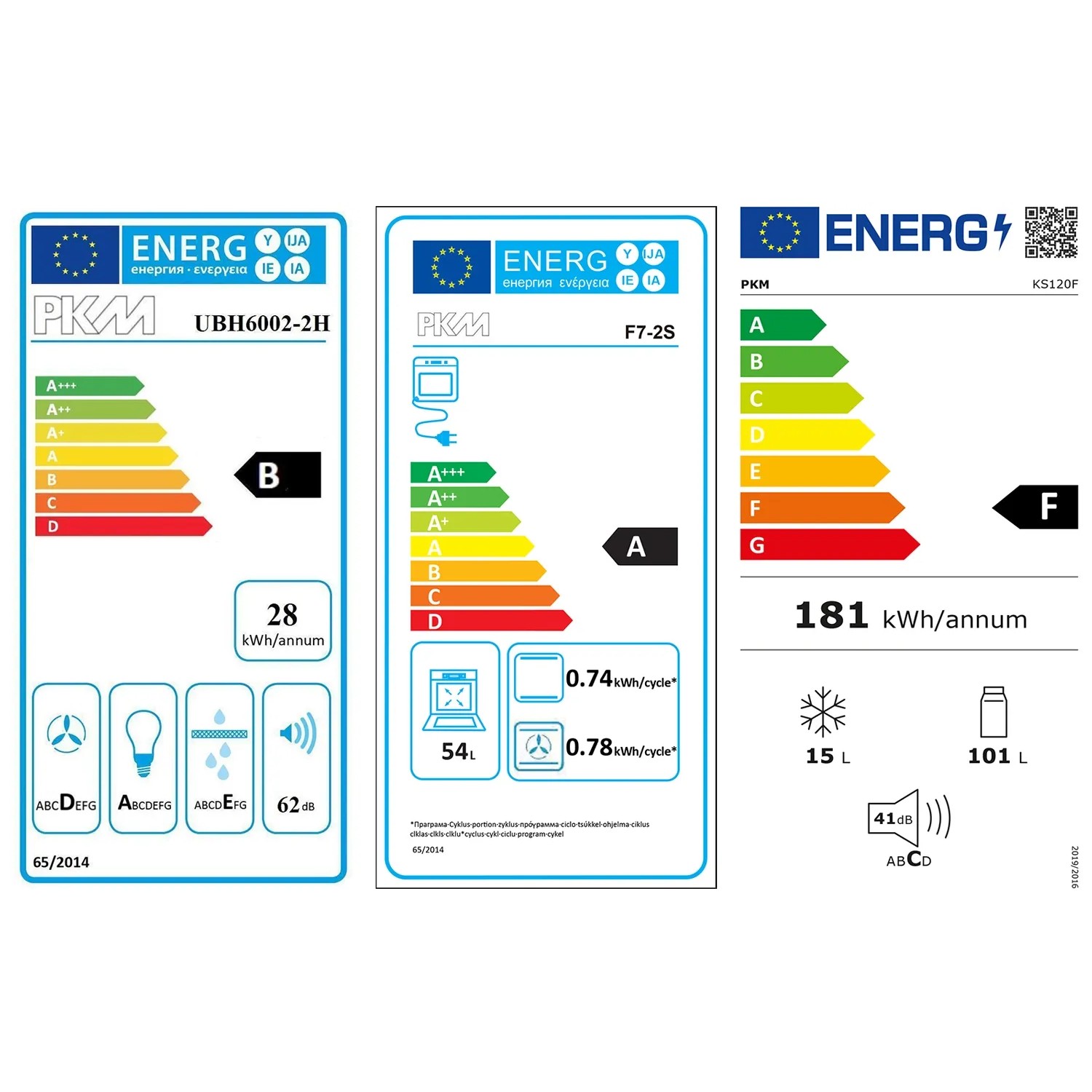 Energieetiketten für PKM UBH6002-2H, F7-2S und KS120F: Energieeffizienzklassen und Verbrauch.