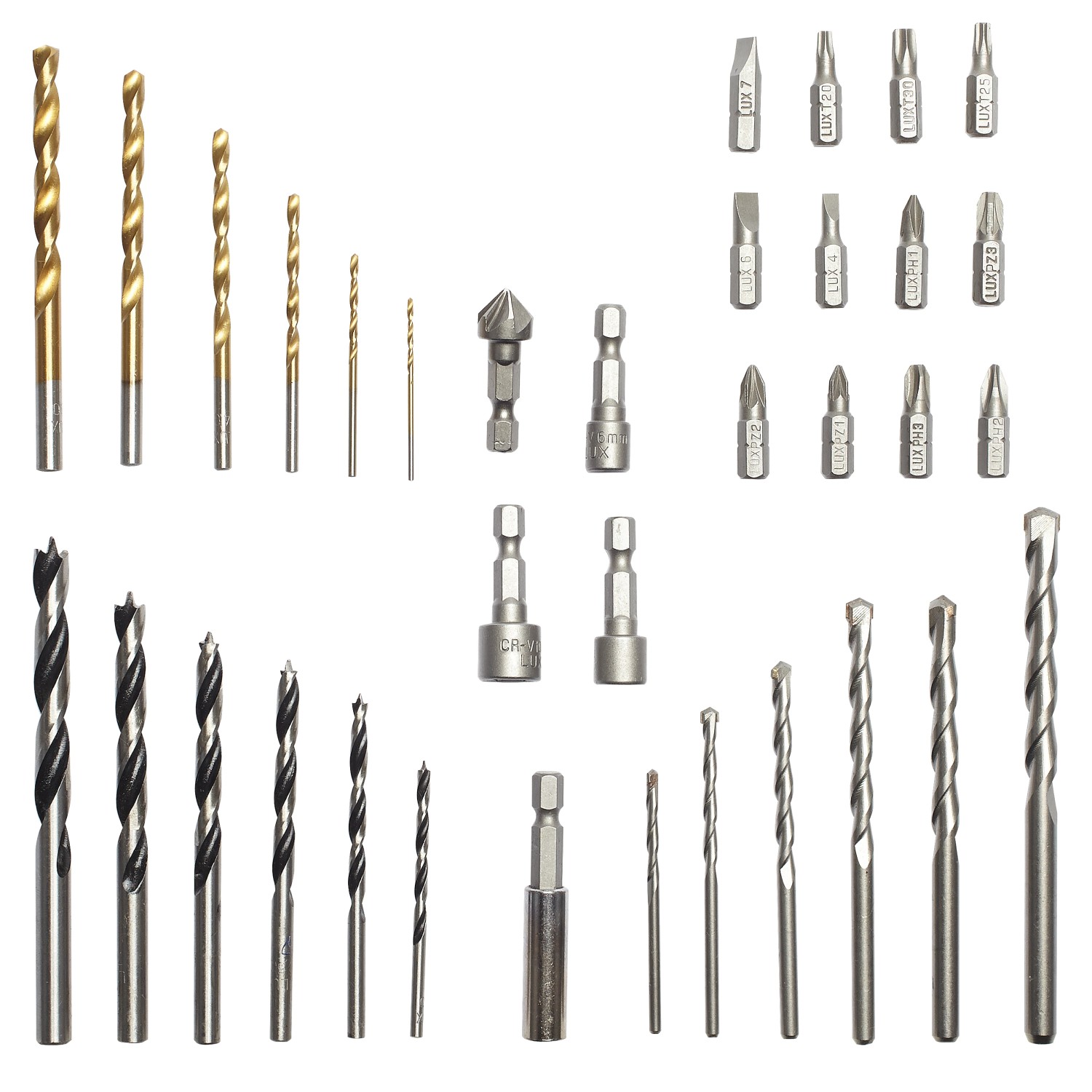 LUX Bohrer- und Bit-Set, 36-teilig: Holz-, Stein-, Metallbohrer und Bits in Box.