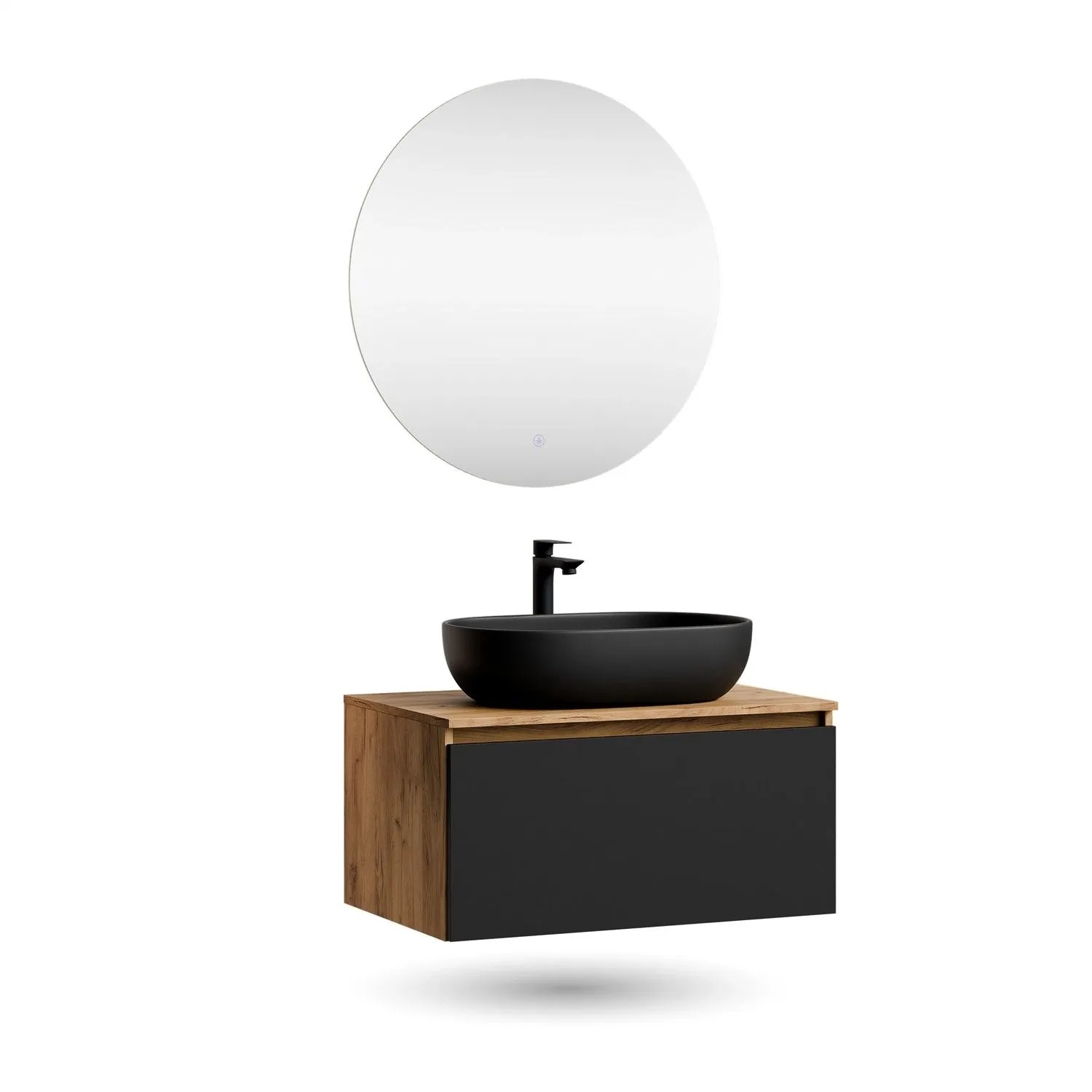 Planetmöbel ARISA Badmöbel Set 80 cm Schwarz Matt mit Aufsatzwaschbecken 60 cm Schwarz und NOVA LED Spiegel 80 cm Dimmbar Soft Close