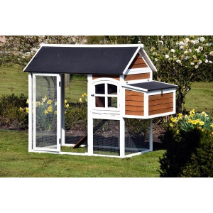 Hühnerstall XL mit Freigehege aus FSC®-Holz, braun-weiß mit schwarzem Dach. Ideal für artgerechte Haltung.