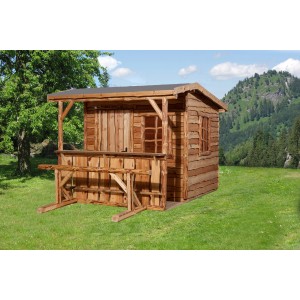 Weka Gartenhaus 820 A mit Theke und Sitzgelegenheit, naturbelassenes Holz.